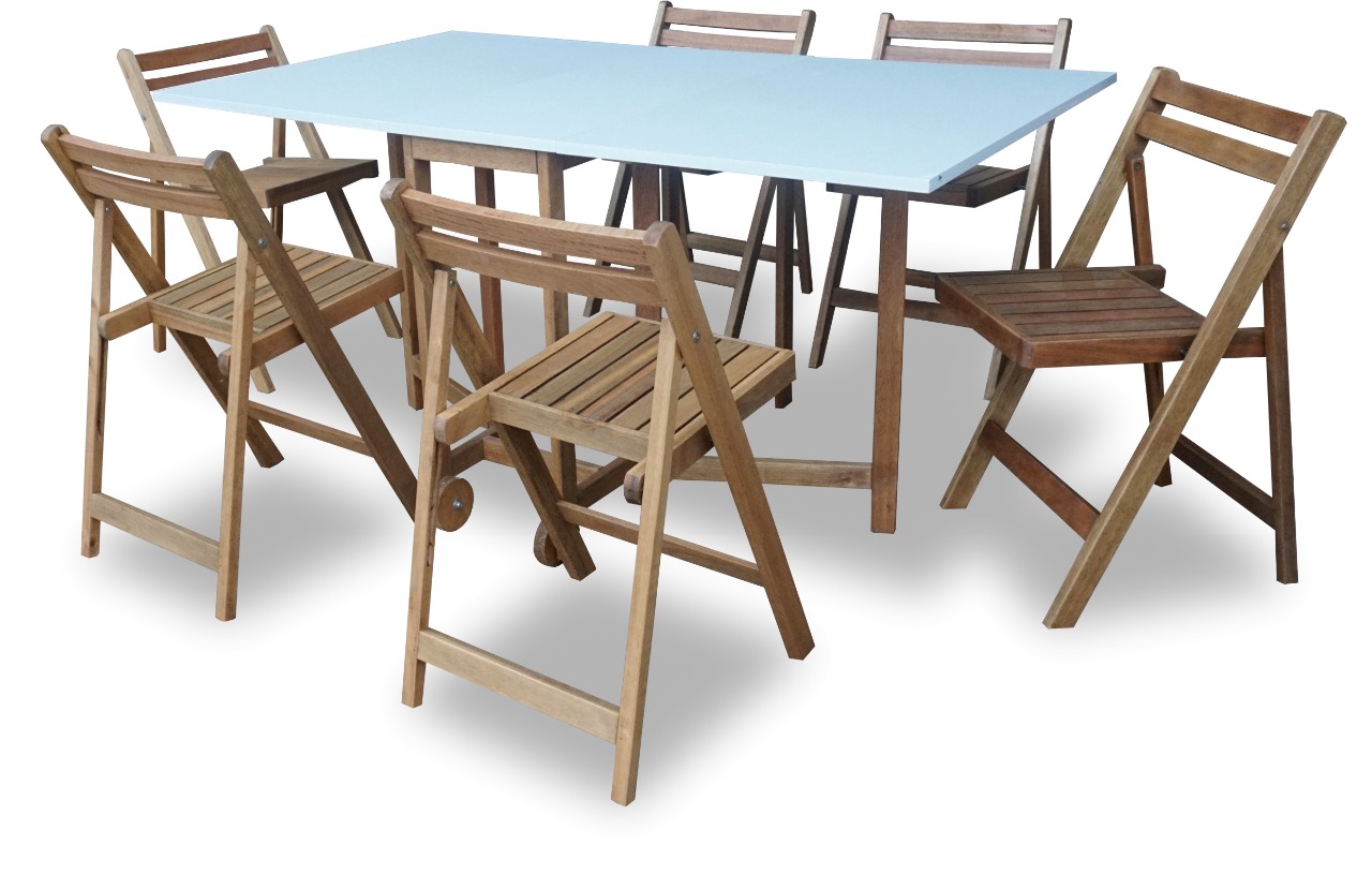 Mesa Libro 1.56x0.90 TAPA LACA BLANCA + 6 sillas plegables