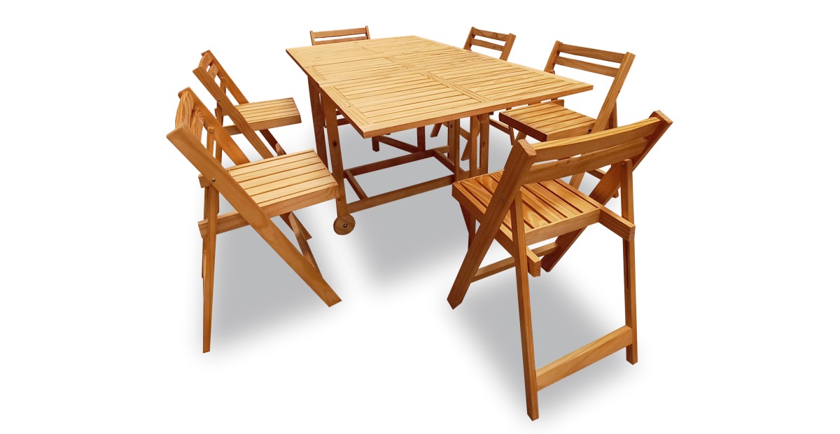 Mesa de madera patas plegables 1.80x0.95 + 8 sillas